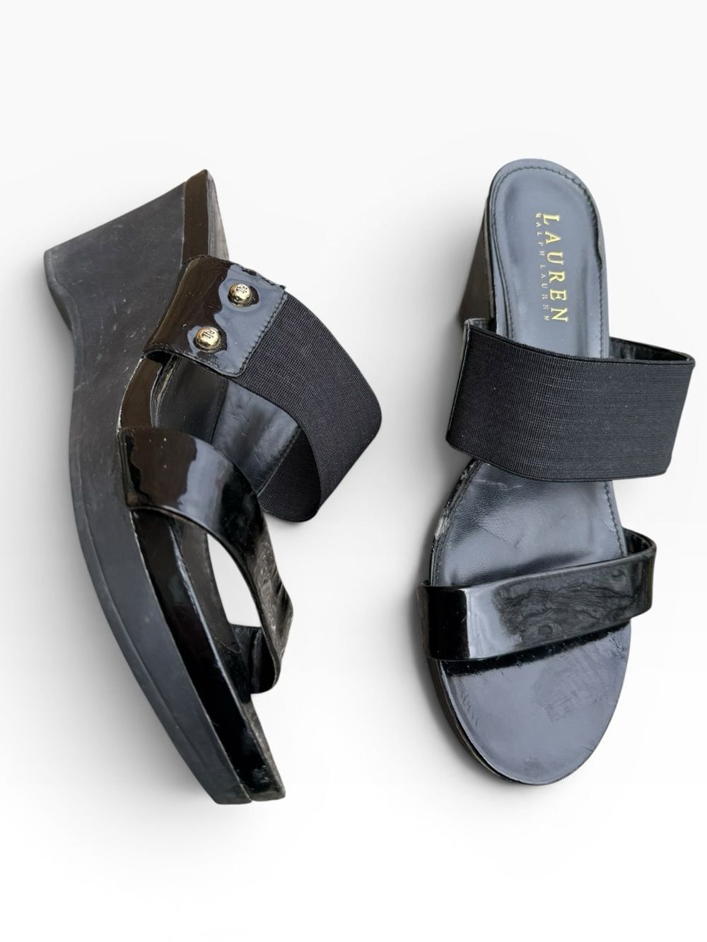 Lauren Ralph Lauren Women’s Rhianna Black Sandals Slides Wedge Heel Shoes Sz 7 B